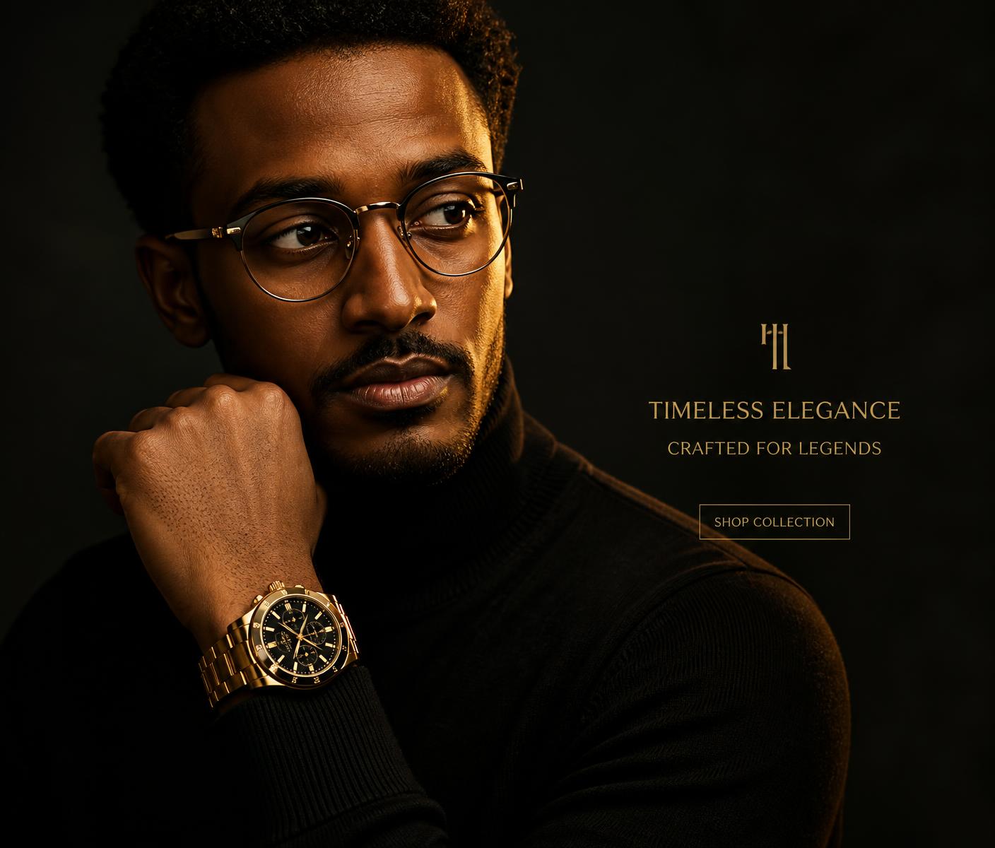 Man wearing a Murad Real Brand gold watch and eyeglasses