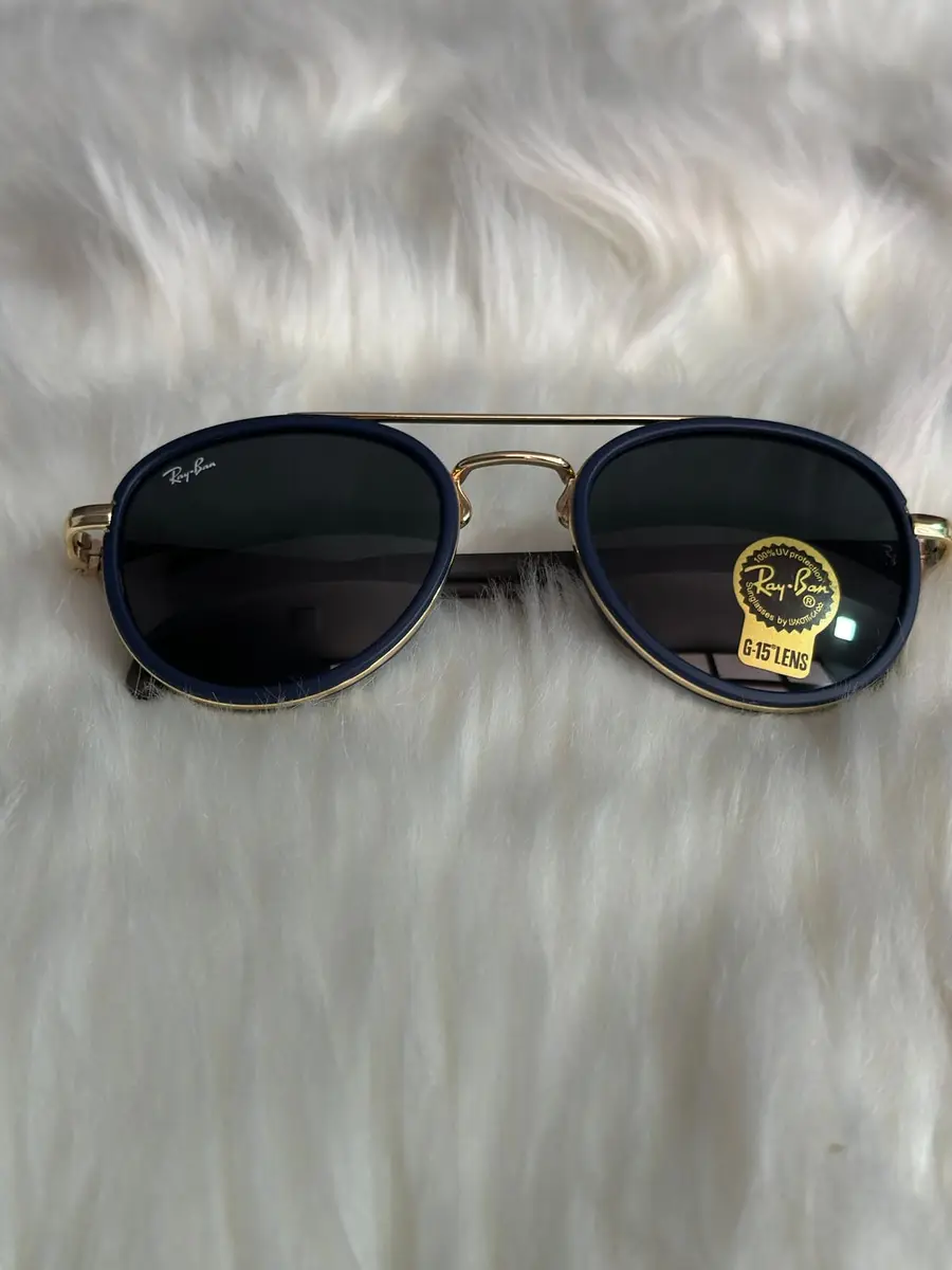 Ray-Ban Navy Blue & Gold Double-Bridge Oval Sunglasses – G-15 Green Lens