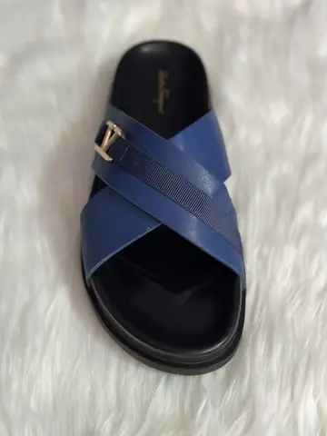 Salvatore Ferragamo Men's Royal Blue Leather Cross-Strap Webbing Sandals