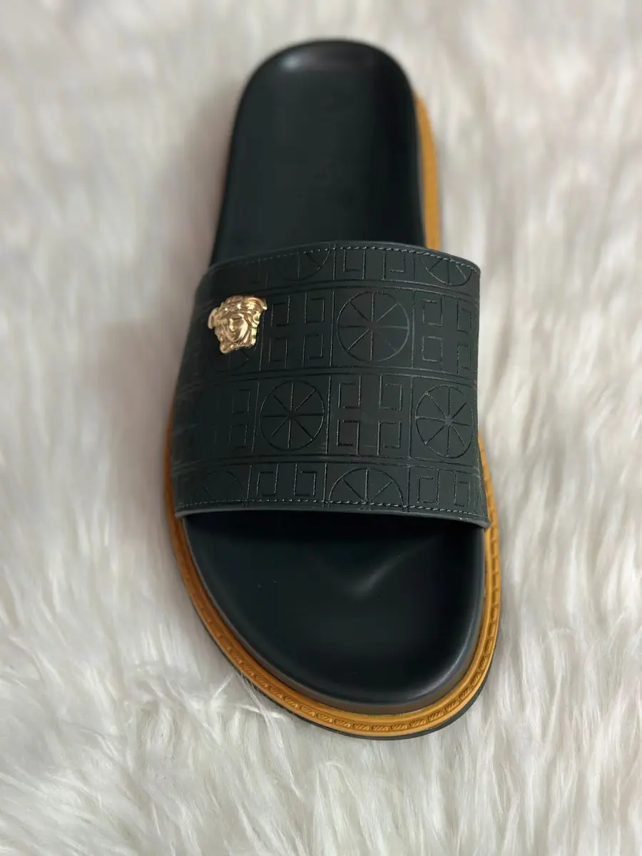 Versace Men's Dark Green Geometric Embossed Leather Gold Medusa Slides