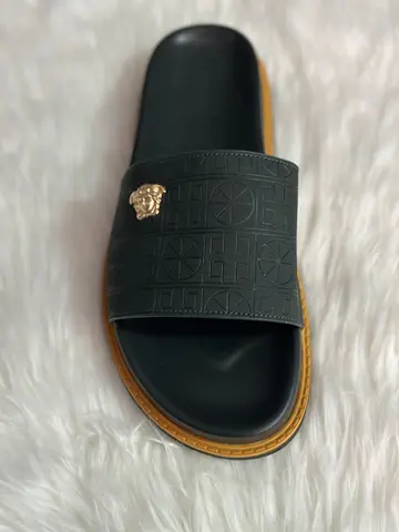Versace Men's Dark Green Geometric Embossed Leather Gold Medusa Slides