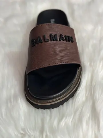 Balmain Men's Brown Textured Leather 3D Logo Slide Sandals