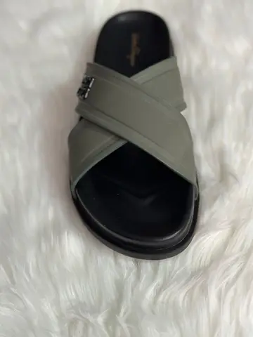Salvatore Ferragamo Men's Olive Green Leather Cross-Strap Slides