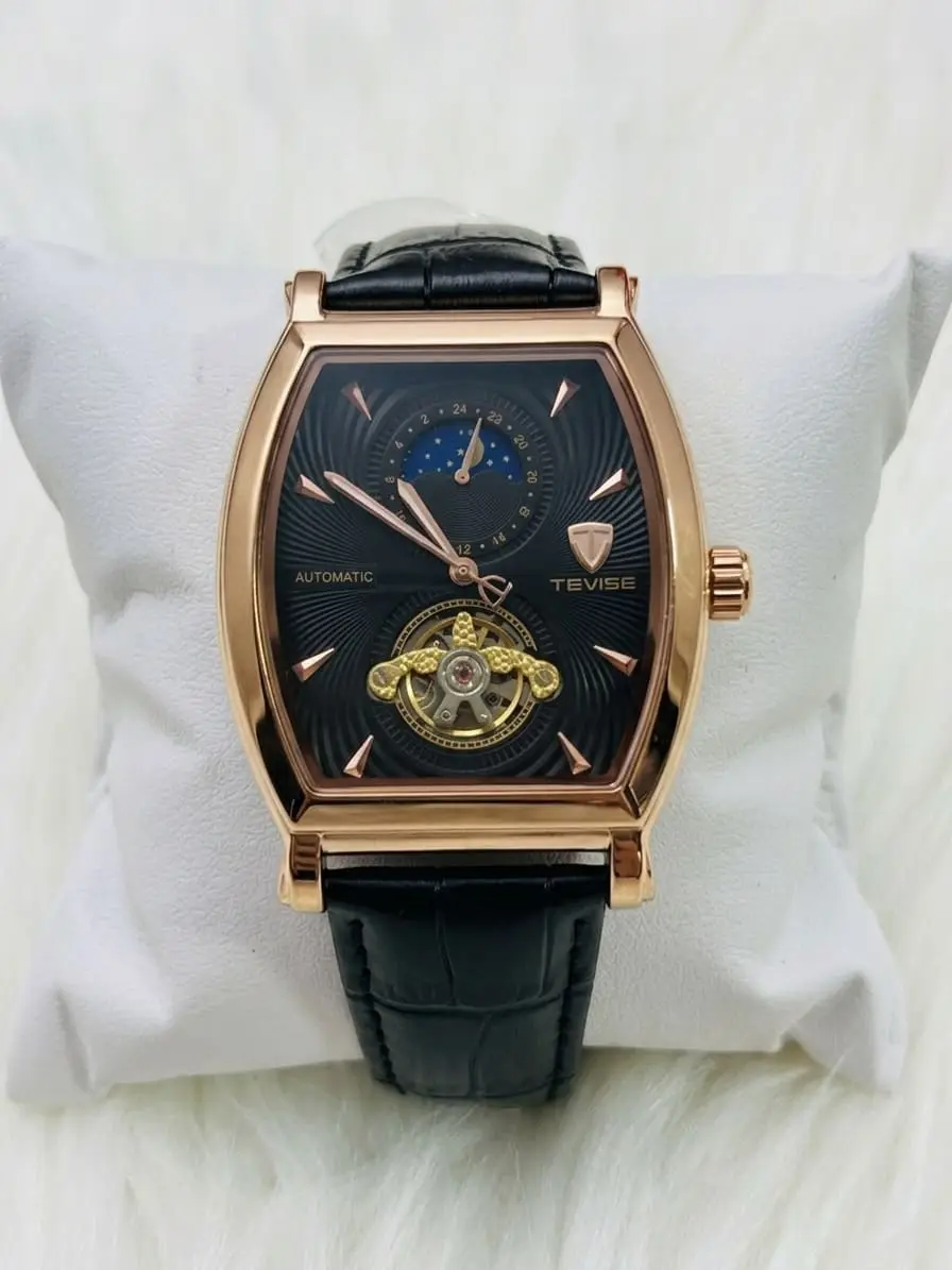 TEVISE Men's Tonneau Automatic Tourbillon-Style Sun/Moon Phase Watch