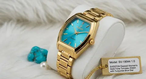 SVESTON Dearest Women's Gold-Tone Tonneau Watch with Turquoise Blue Dial