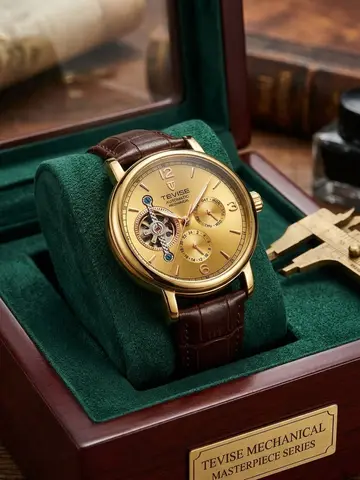 TEVISE Men's Open-Heart Automatic Mechanical Leather Watch
