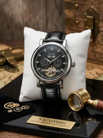 TEVISE Open-Heart Automatic Men's Leather Watch with Full Calendar