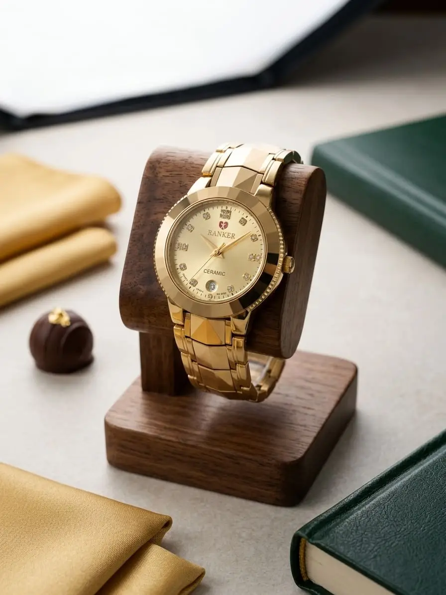 RANKER Gold-Tone Crystal Accent Quartz Watch with Faceted Bezel