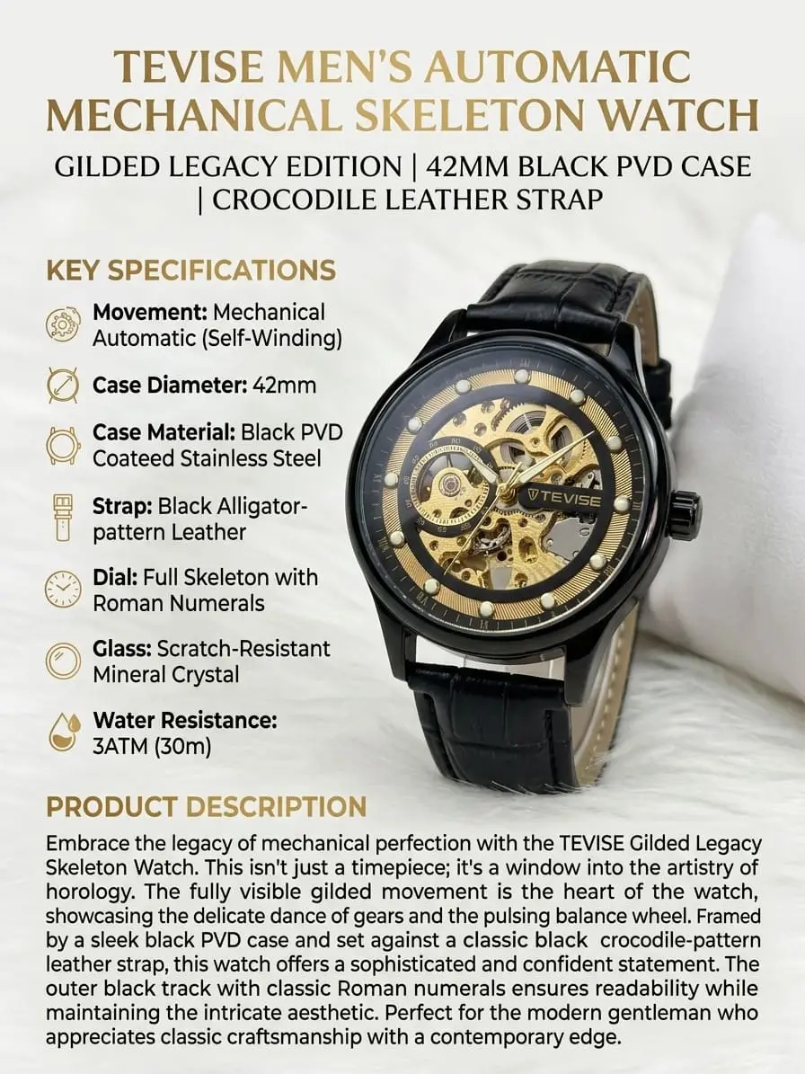 TEVISE Men's Automatic Mechanical Skeleton Watch – Gilded Legacy