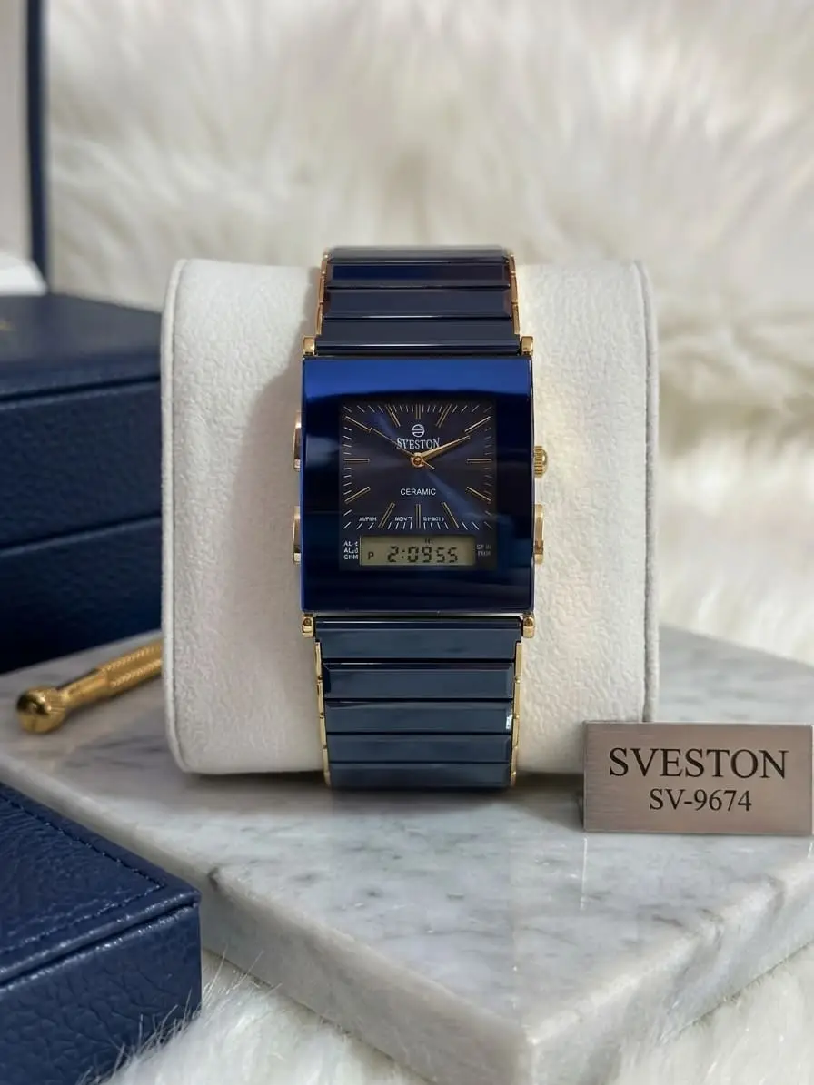 SVESTON SV-9674 Square Blue Ceramic Ana-Digi Gold Accent Watch